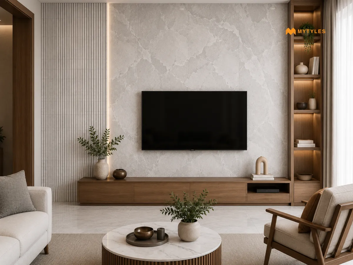 Grey Marble-Look Tile with Off-White Fluted Tile 